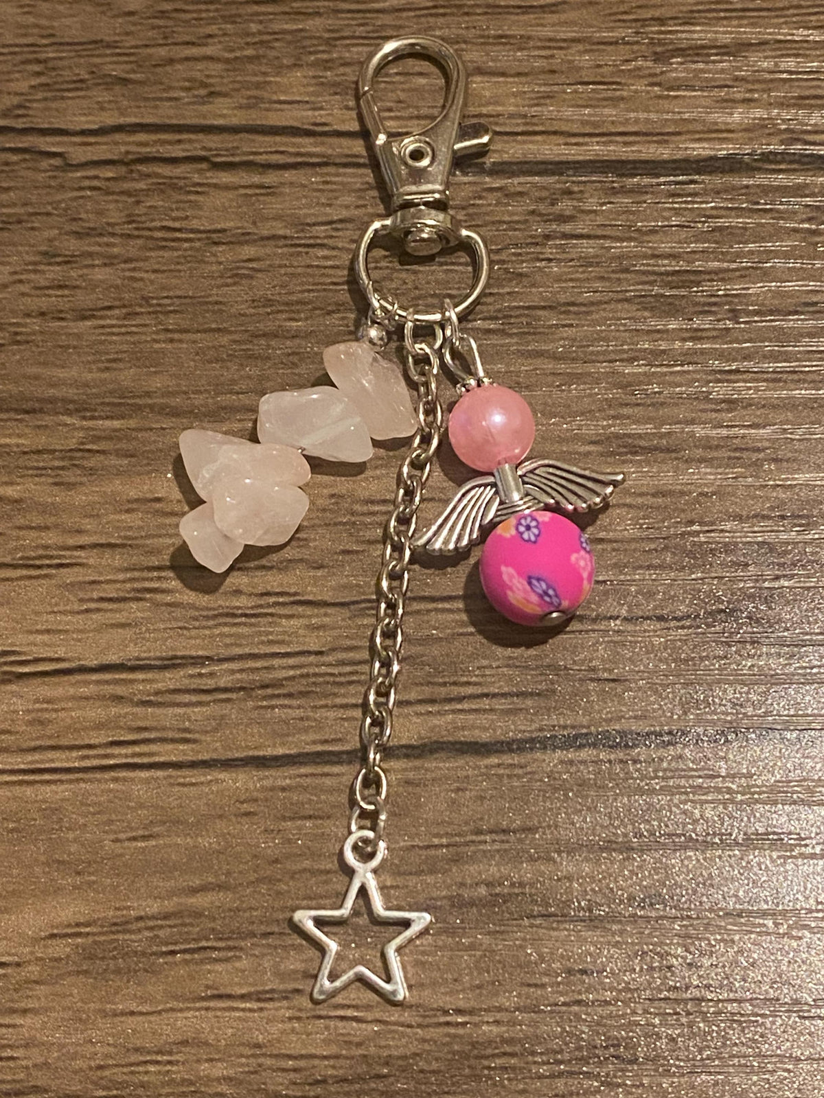 Rose Quartz Angel Keychain | Pink Floral Bead Star Charm | Healing Crystal Gift | Self Love & Protection Keyring | Spiritual Boho Gift
