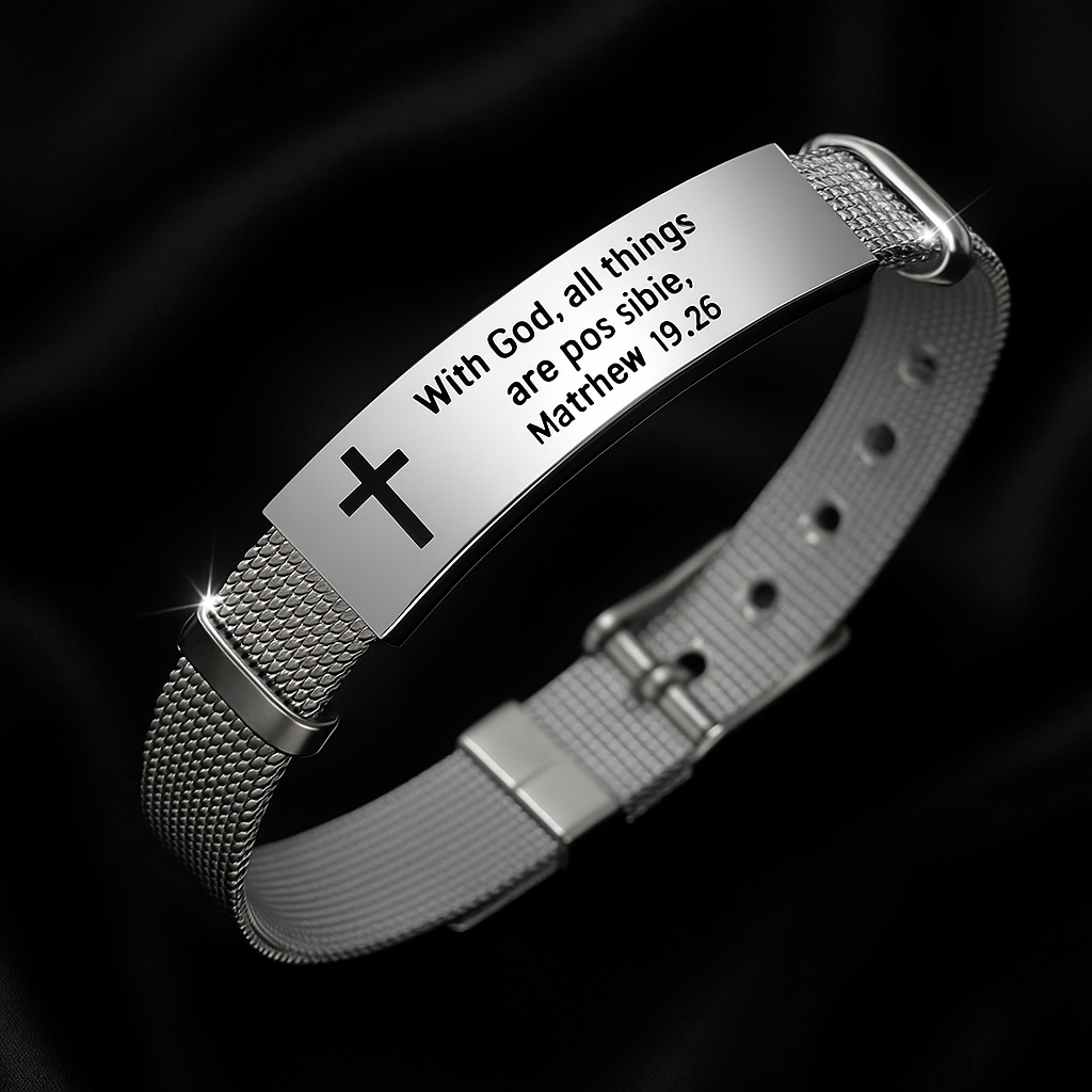 Christian Stainless Steel Bracelet – “With God All Things Are Possible” Matthew 19:26 Engraved Faith Jewellery
