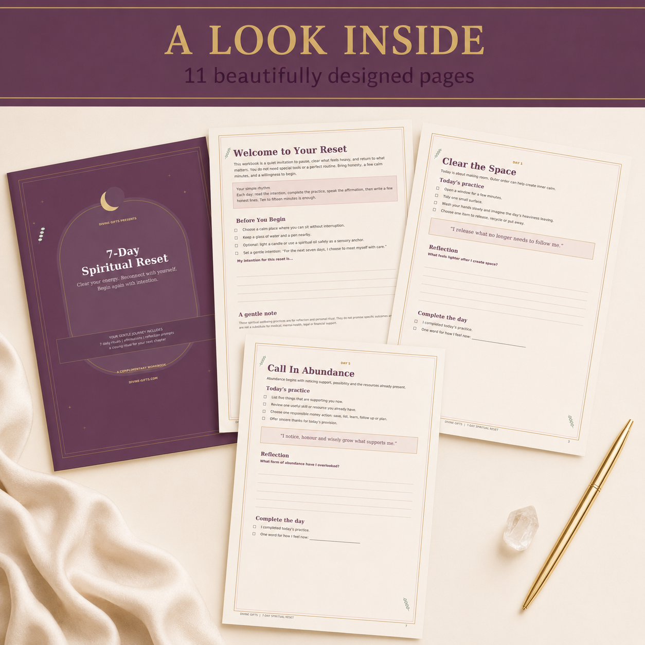 Reset your energy and reconnect with yourself using the free Divine Gifts 7-Day Spiritual Reset Workbook.