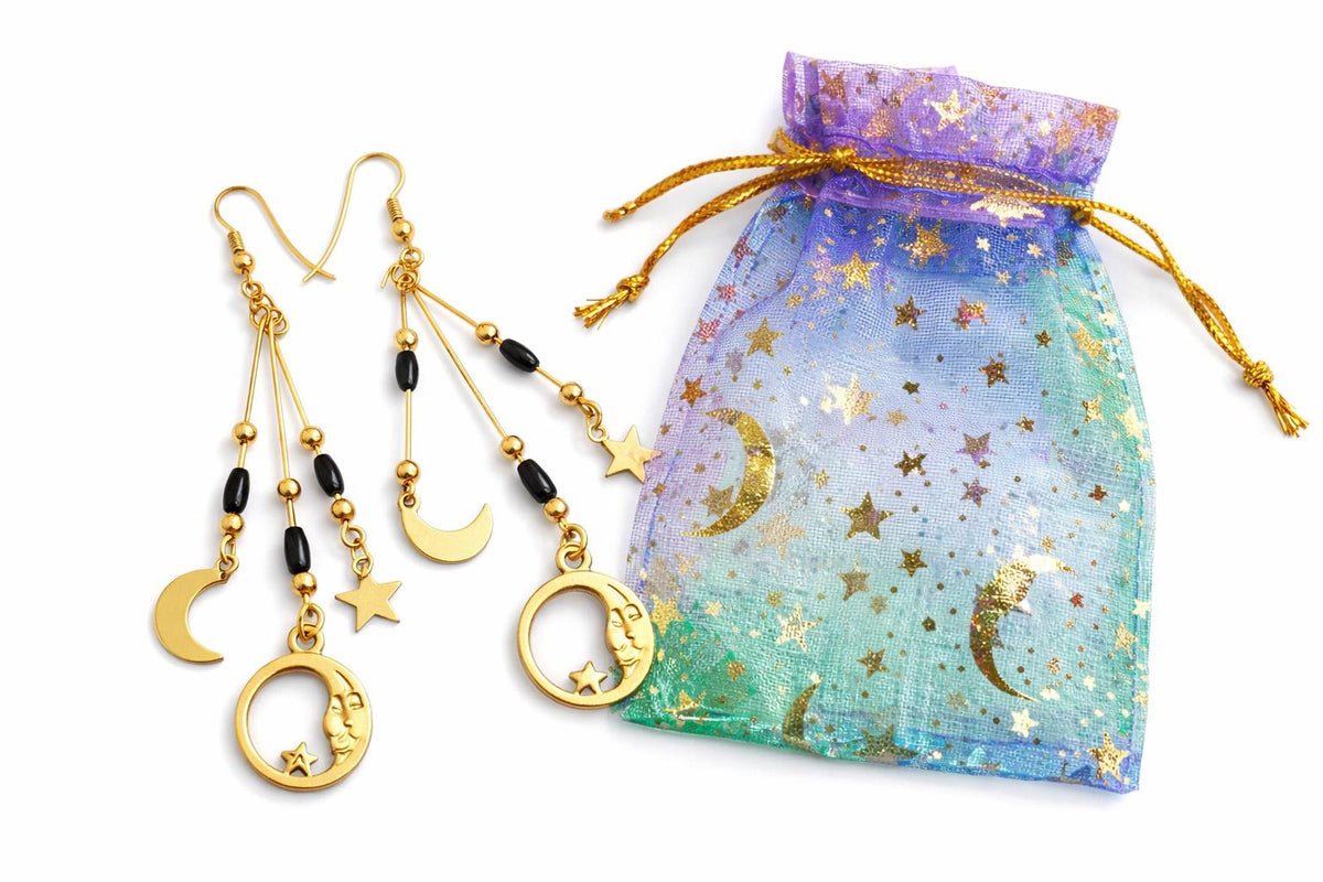 Celestial Moon & Star Dangle Earrings, Gold Cosmic Earrings with Black Beads, Witchy Boho Jewellery, Gift for Her