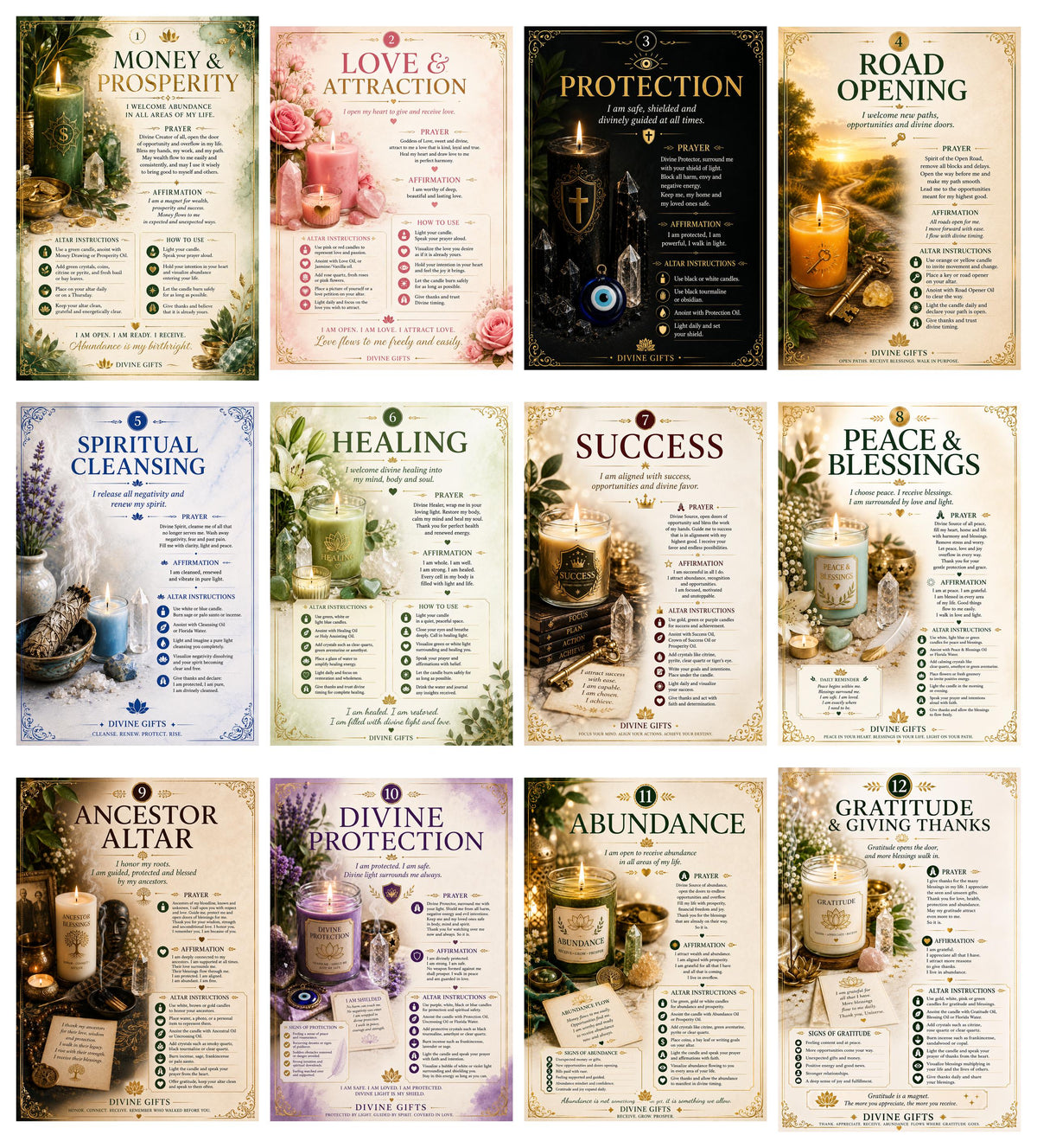 12 Printable Spiritual Altar Cards PDF | Prayer, Affirmation, Ritual Cards | Manifestation, Protection, Healing & Abundance.