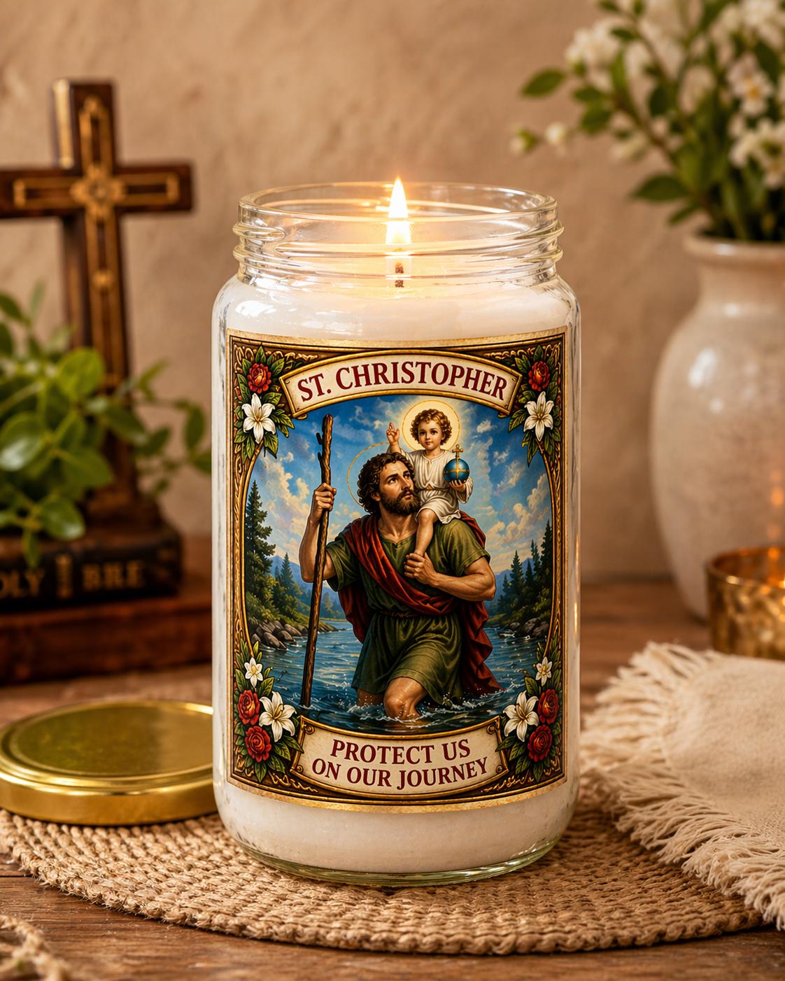 St Christopher Prayer Candle | Patron Saint of Travel Protection | White Devotional Candle in Glass Jar | Divine Gifts UK