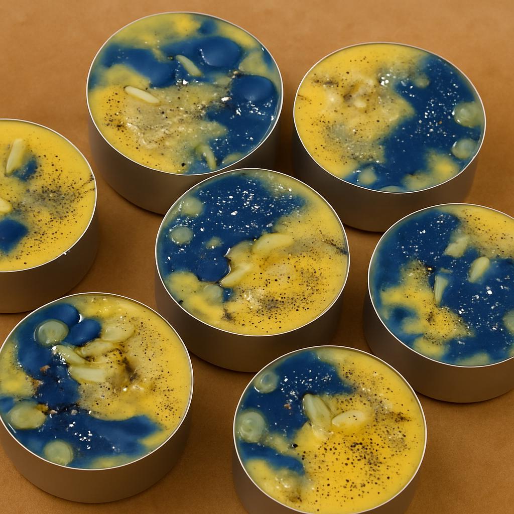 14  Happiness Spell Tealights - Golden herbal candles to invite joy,  peace positive energy Handmade Blend Use to draw happiness.