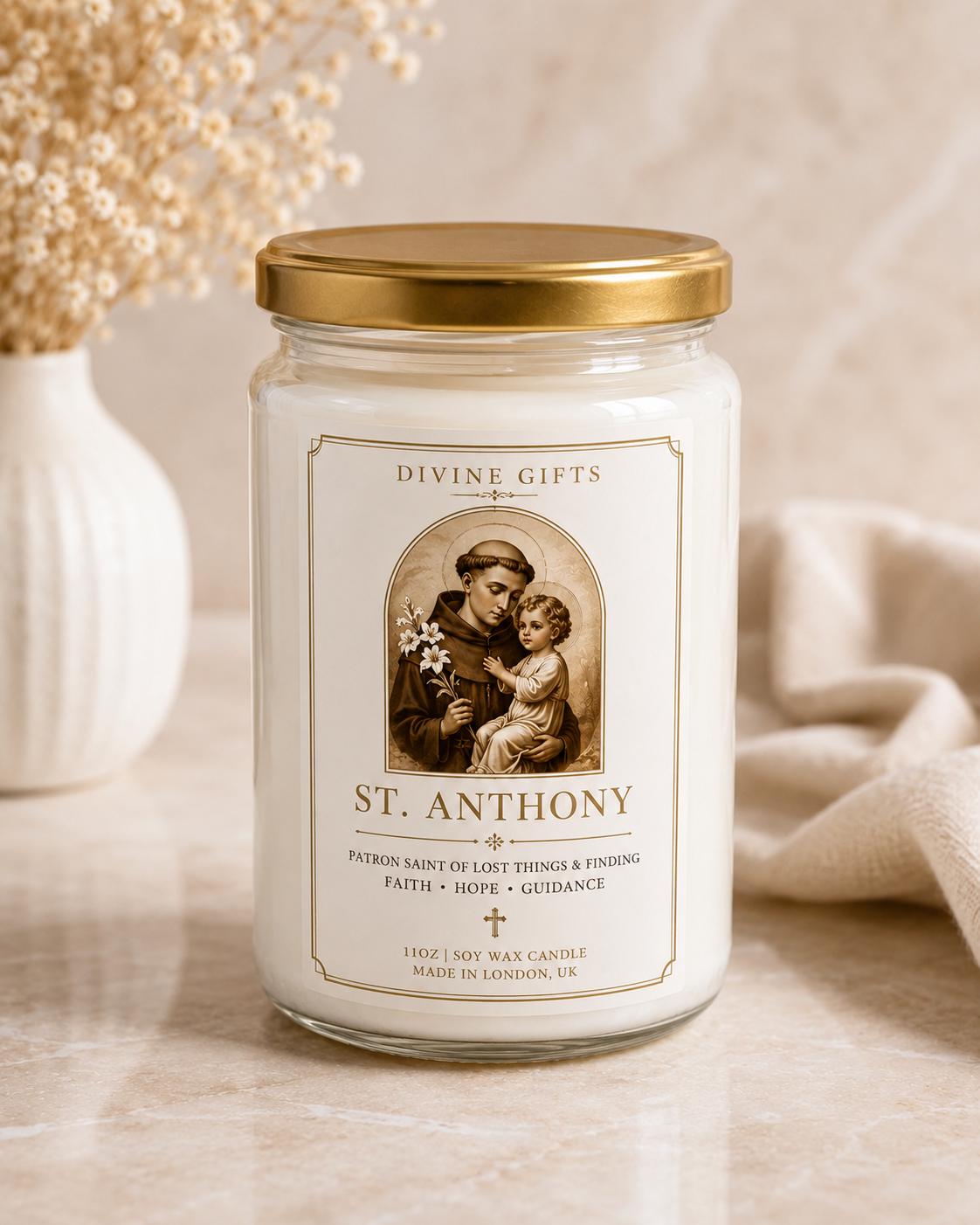St. Anthony Prayer Candle | Patron Saint of Lost Things | White Soy Wax Devotional Candle | Catholic Gift | Divine Gifts UK