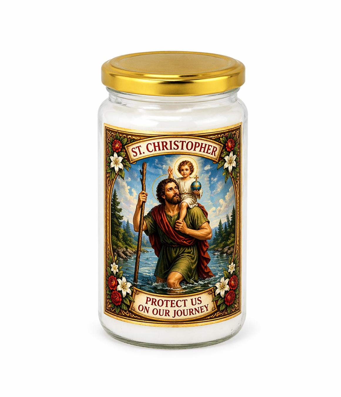 St Christopher Prayer Candle | Patron Saint of Travel Protection | White Devotional Candle in Glass Jar | Divine Gifts UK