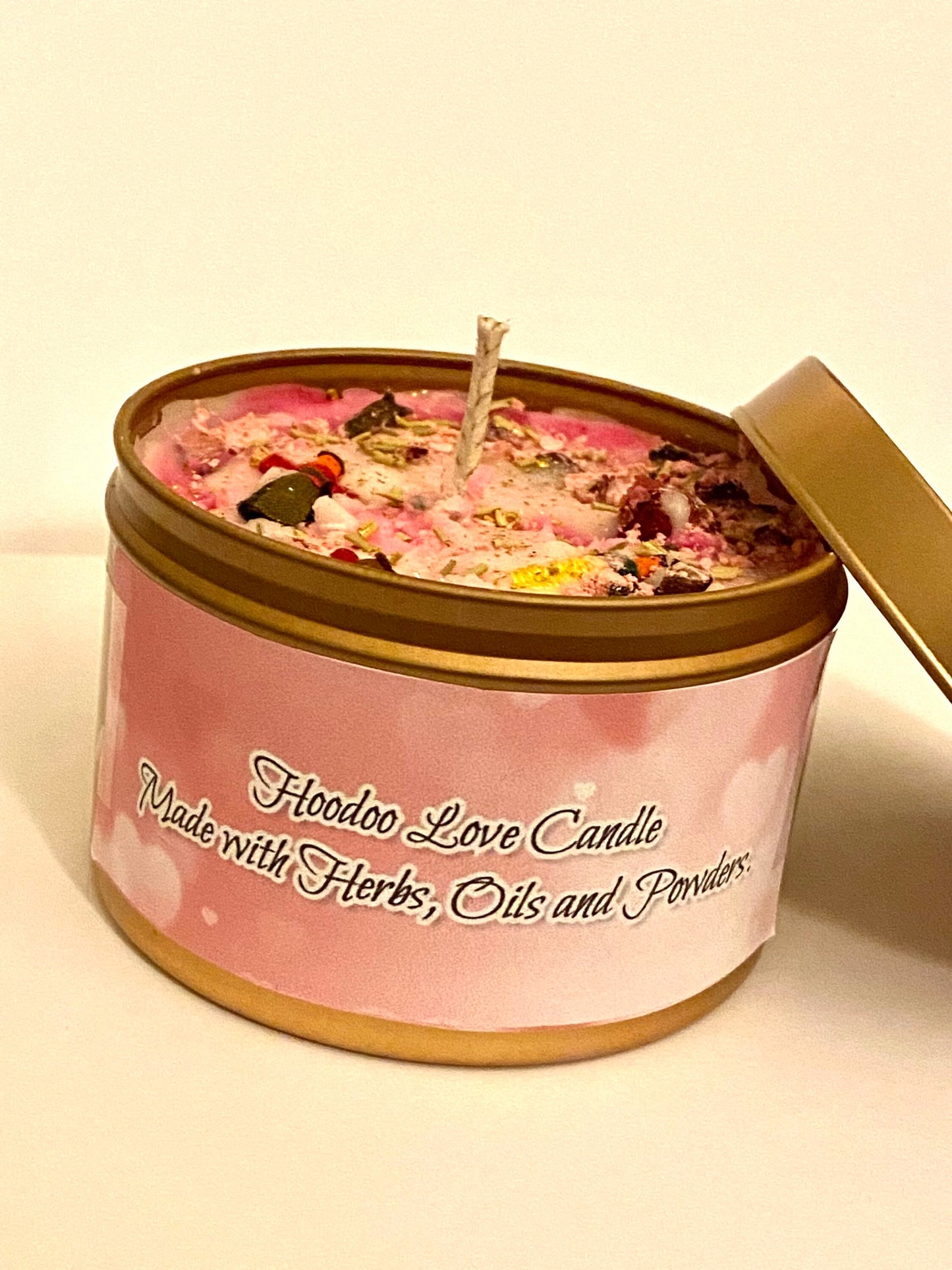 Hoodoo Magical Love Dolls in a Candle made with hoodoo oils, herbs, flowers and Crystals. 8oz, Love Candle