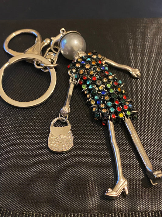 Colourful Rhinestones Doll Keyring, Hand Bag, Belt Phone Charm. Gift For her, Birthday, Cute Gift, Fun, Cute. Purse Charm, Jewellery.