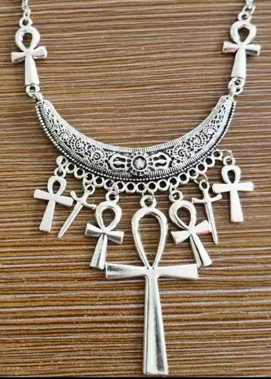 Ankh Necklace – Silver Crescent Pendant with Ankh Charms | Egyptian Jewelry | Spiritual Goddess Boho Festival Necklace