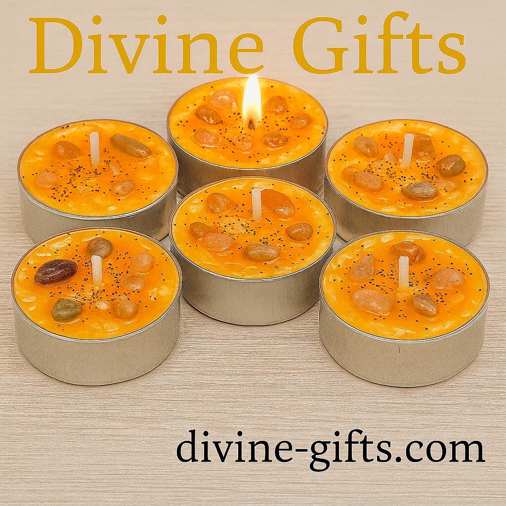 Crystal Infused Tealight Candle | Orange Wax with Gemstones | Spiritual Candle | Divine Gifts