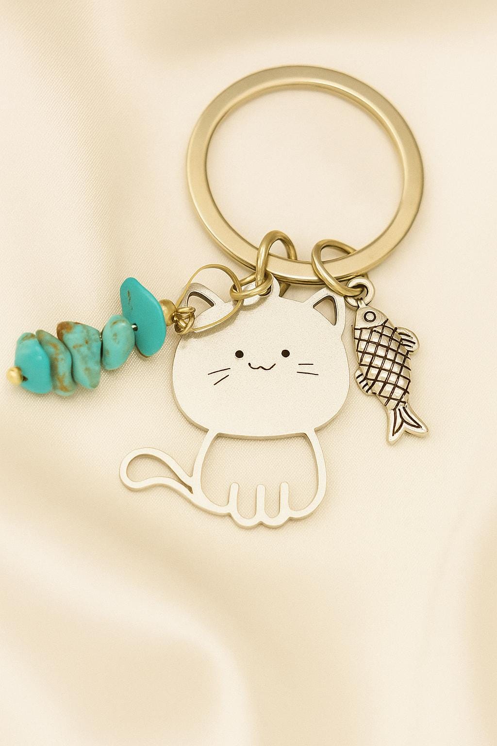 Cute Cat Keychain with Turquoise Beads & Fish Charm | Gift for Cat Lovers | Cute Cat Bag Charm | Handmade Keyring