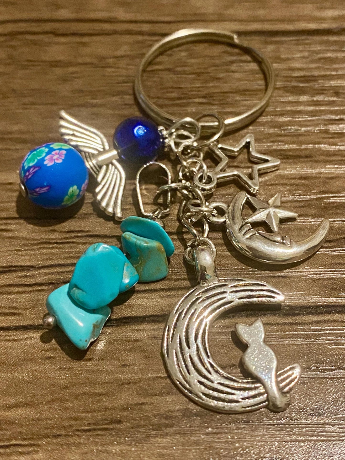 Turquoise Moon & Cat Keychain | Silver Star Celestial Charm | Healing Crystal Keyring | Spiritual Boho Gift for Her