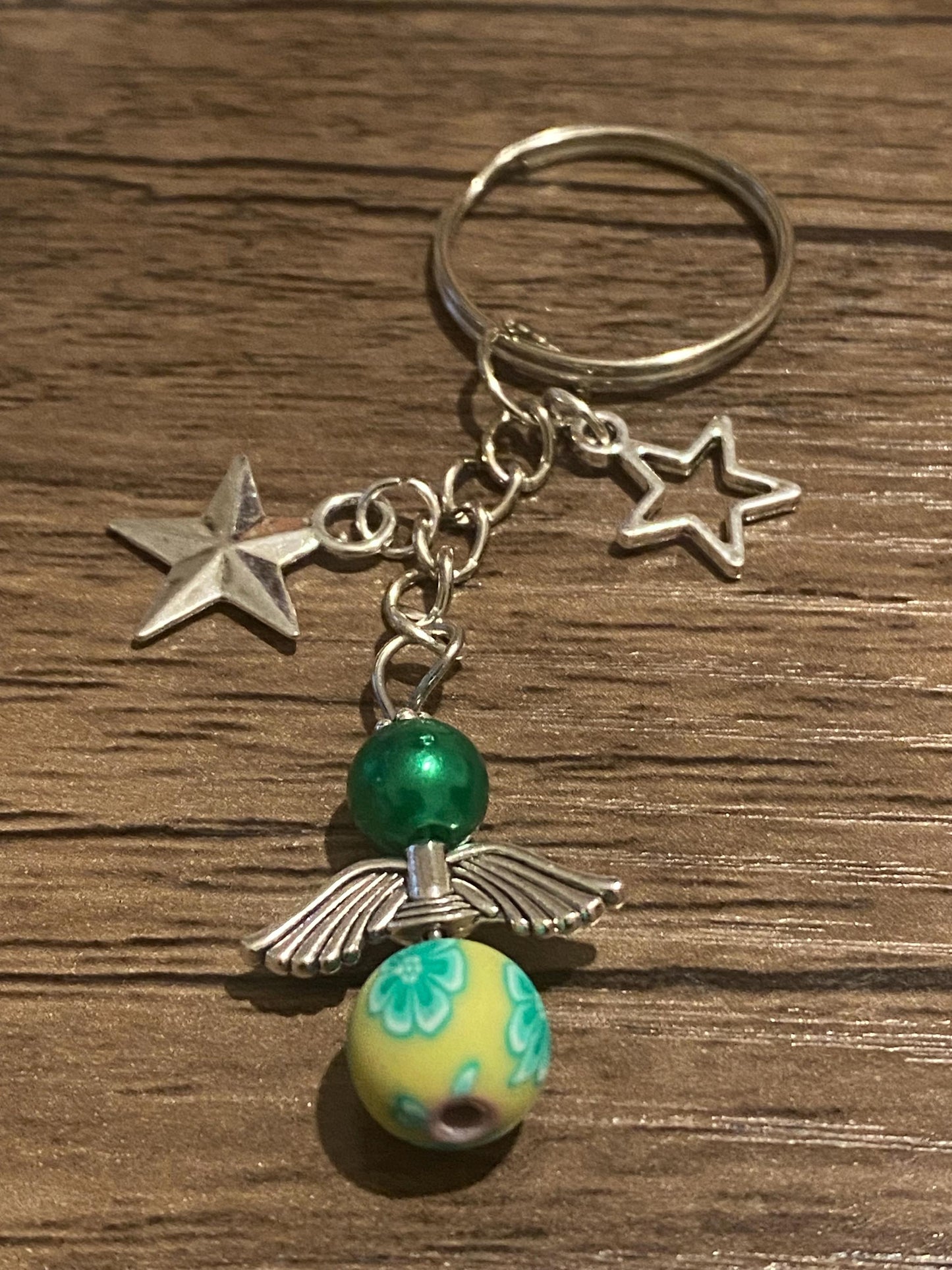 Green Angel Keychain with Silver Stars | Floral Bead Charm | Lucky Guardian Angel Gift | Positive Energy Keyring | Spiritual Boho Gift