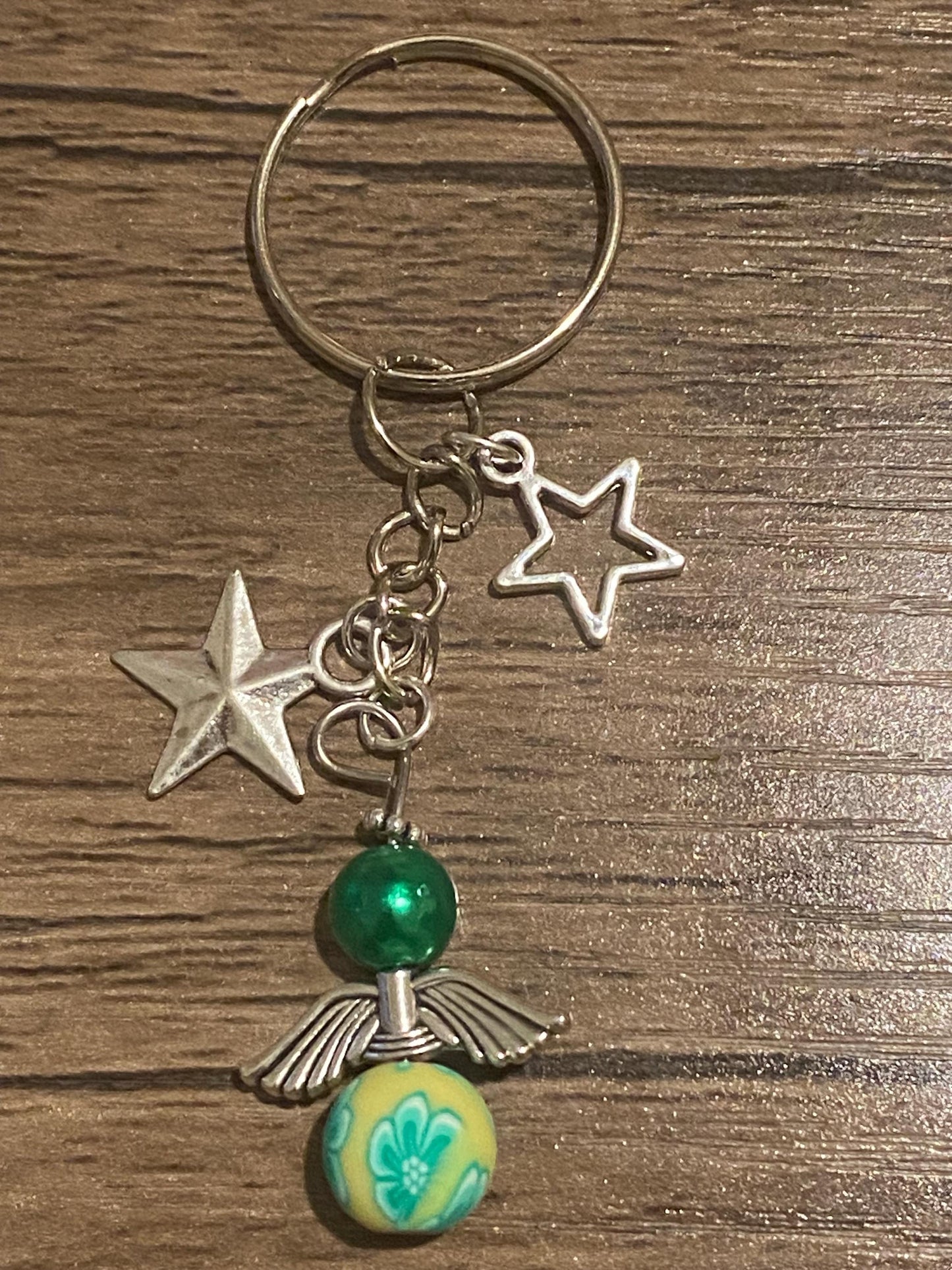 Green Angel Keychain with Silver Stars | Floral Bead Charm | Lucky Guardian Angel Gift | Positive Energy Keyring | Spiritual Boho Gift