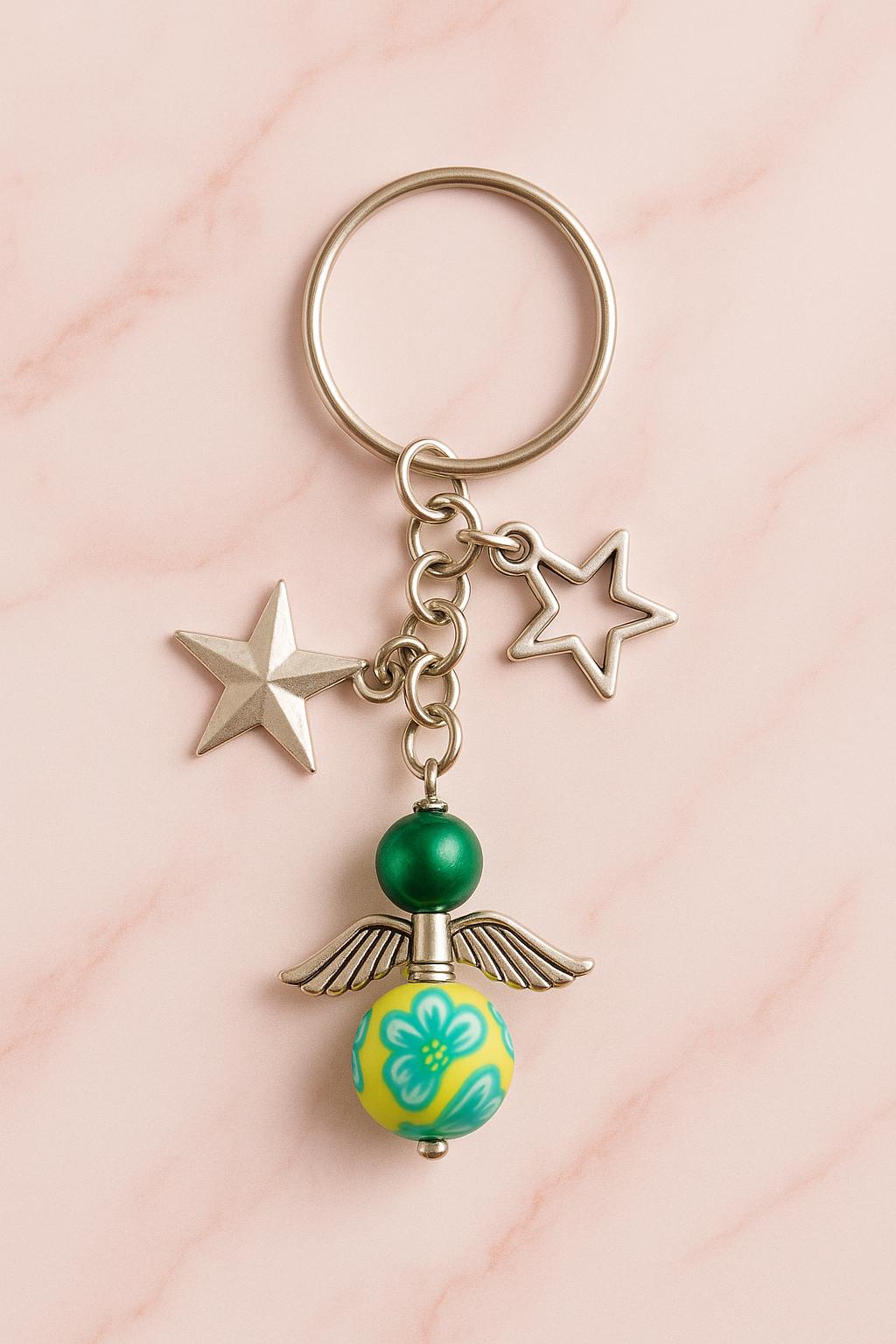 Green Angel Keychain with Silver Stars | Floral Bead Charm | Lucky Guardian Angel Gift | Positive Energy Keyring | Spiritual Boho Gift