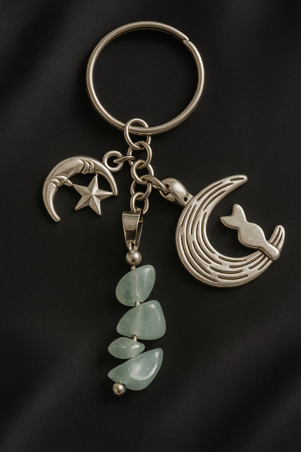 Aqua Moon & Cat Charm Keychain | Silver Crescent Star Design | Healing Crystal Keyring | Celestial Gift for Her | Spiritual Boho Gift