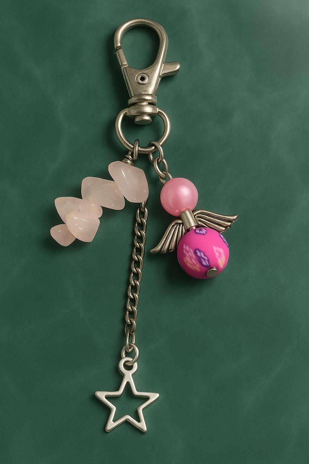 Rose Quartz Angel Keychain | Pink Floral Bead Star Charm | Healing Crystal Gift | Self Love & Protection Keyring | Spiritual Boho Gift