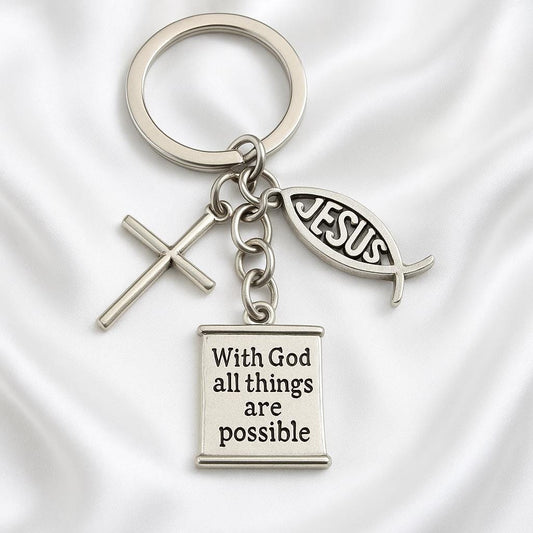 Faith Keychain – With God All Things Are Possible | Christian Gift | Cross & Jesus Charm Gift for Her | Spiritual Gift
