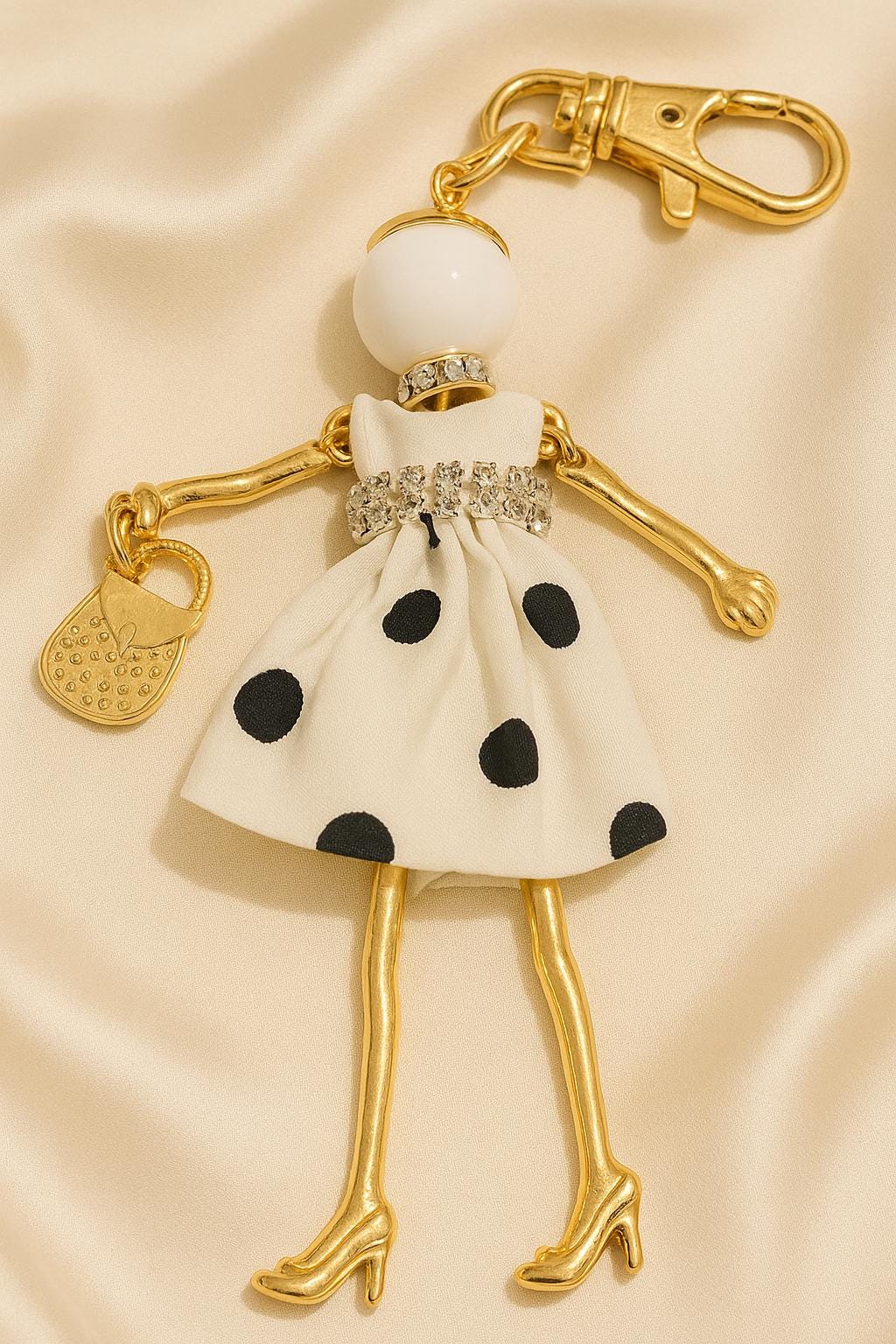 Fashion Doll Keychain – Chic Charm with Gold Details & Polka Dot Dress | Perfect Bag Accessory or Gift for Her, Charm, Jewellery.
