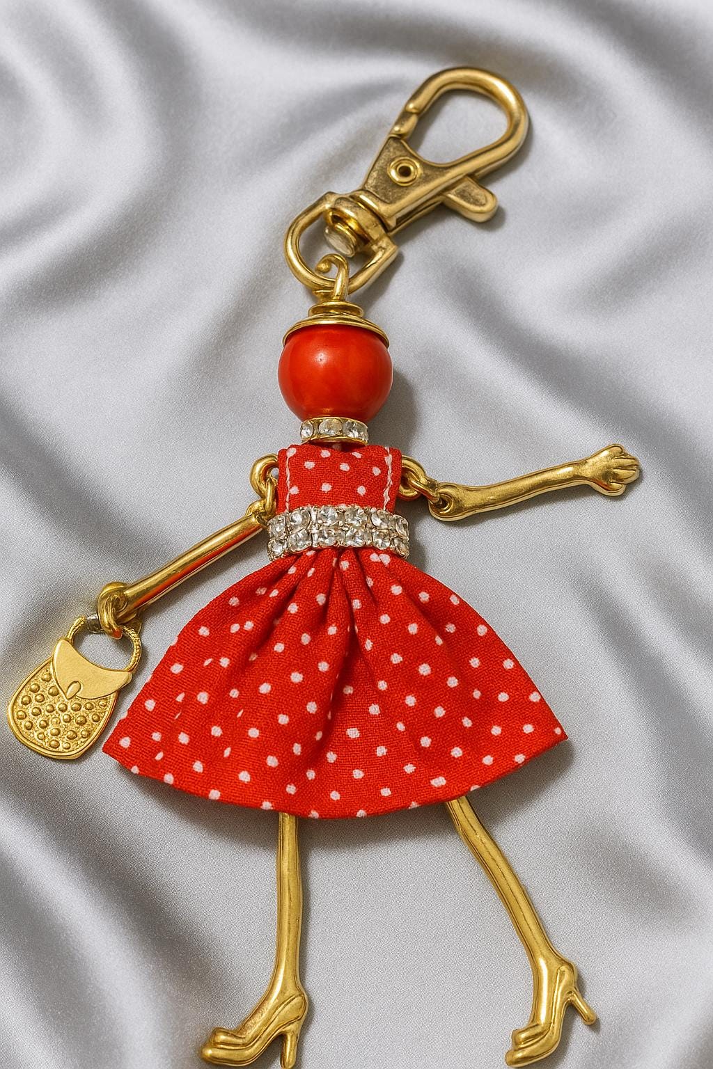 Red Polka Dot Fashion Doll Keychain – Elegant Gold Charm Accessory | Gift for Her | Perfect Bag Accessory or Gift for Her, Charm, Jewellery.