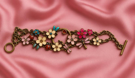 Vintage Floral Charm Bracelet | Enamel Flowers, Ladybug & Dragonfly | Whimsical Boho Jewelry Gift for Her