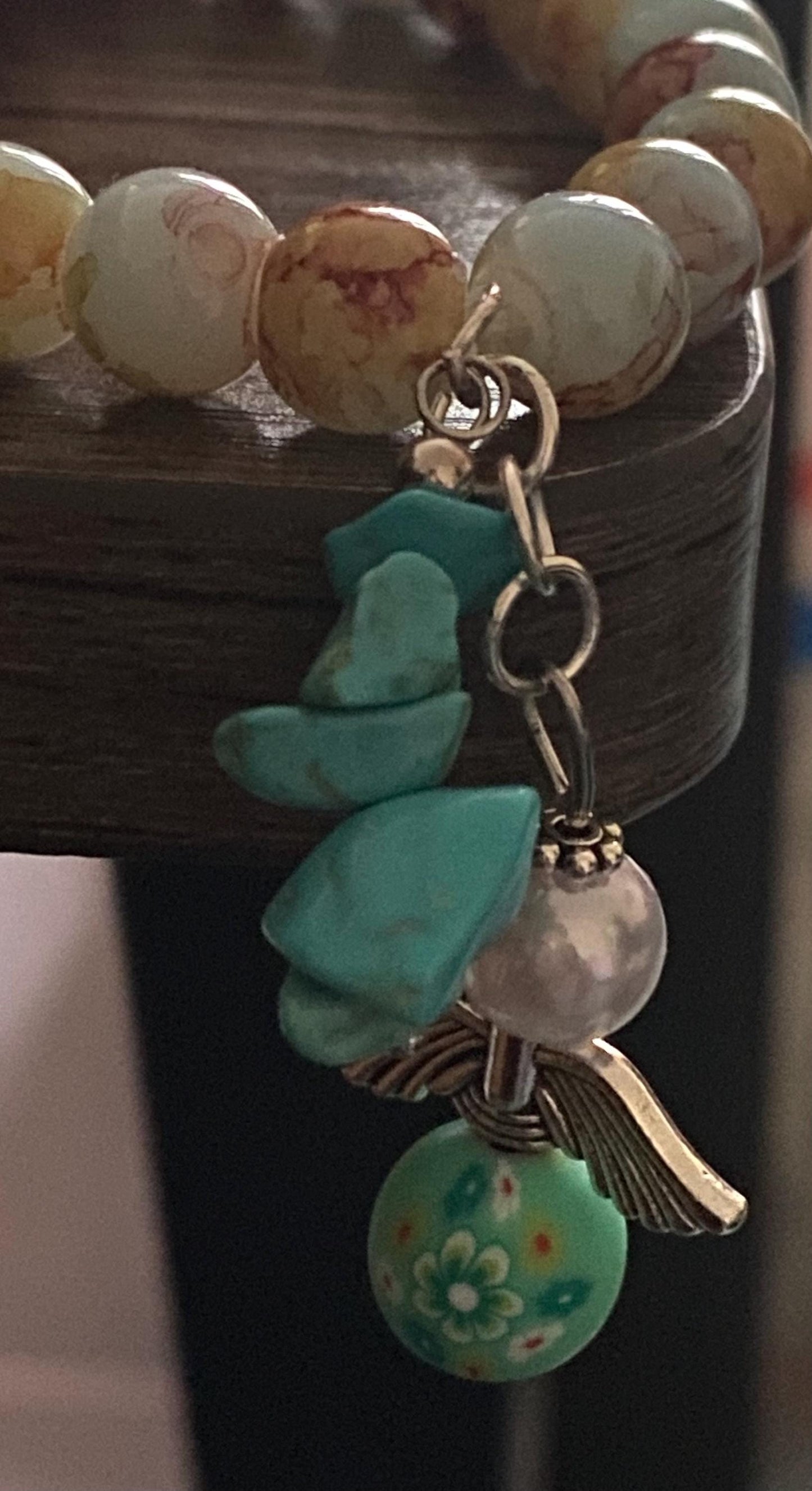 Angel Charm Bracelet with Turquoise Beads – Handmade Beaded Bracelet Gift for Her | Cute Stretch Bracelet with Charm and Flower Bead