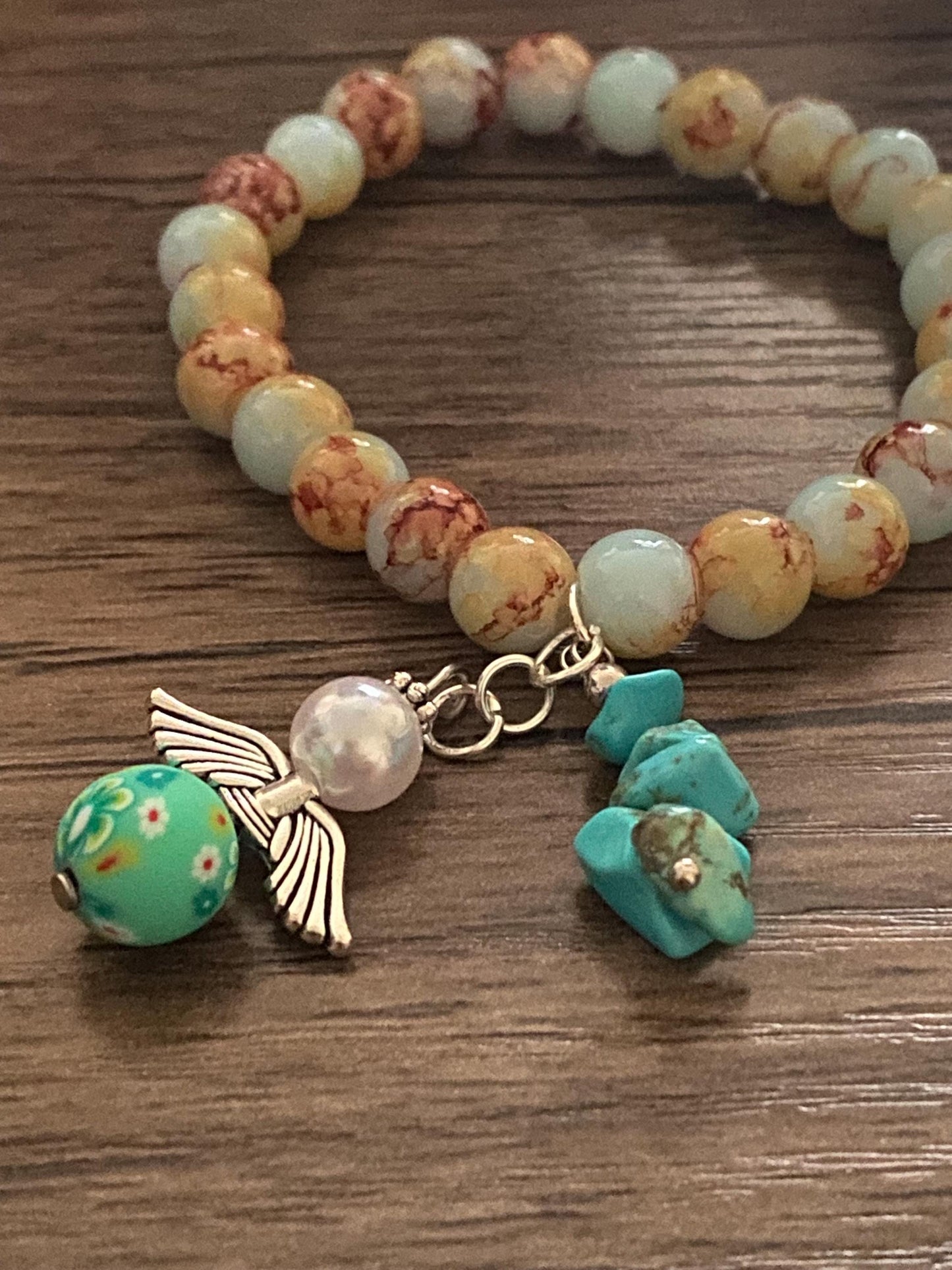Angel Charm Bracelet with Turquoise Beads – Handmade Beaded Bracelet Gift for Her | Cute Stretch Bracelet with Charm and Flower Bead