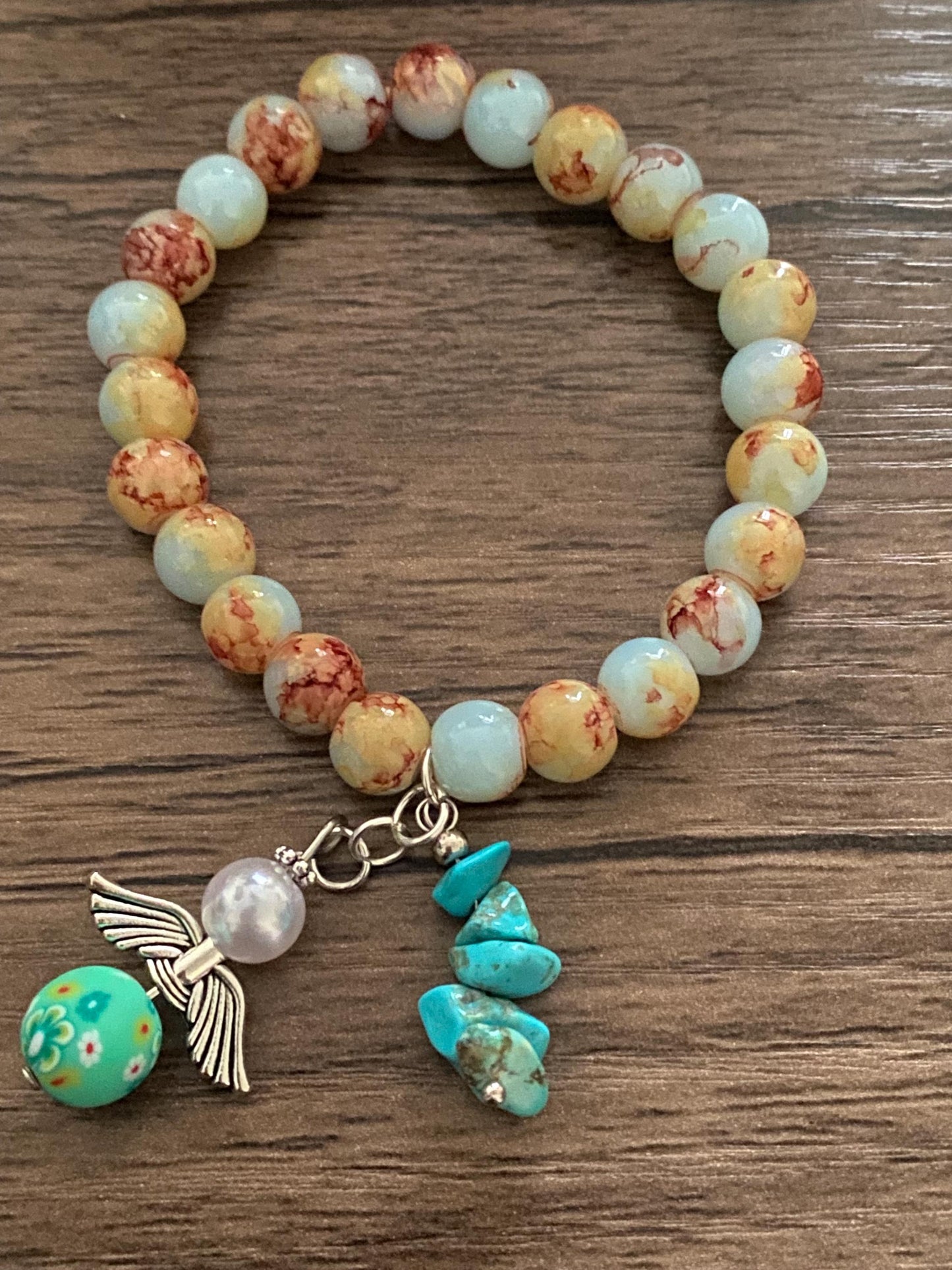 Angel Charm Bracelet with Turquoise Beads – Handmade Beaded Bracelet Gift for Her | Cute Stretch Bracelet with Charm and Flower Bead