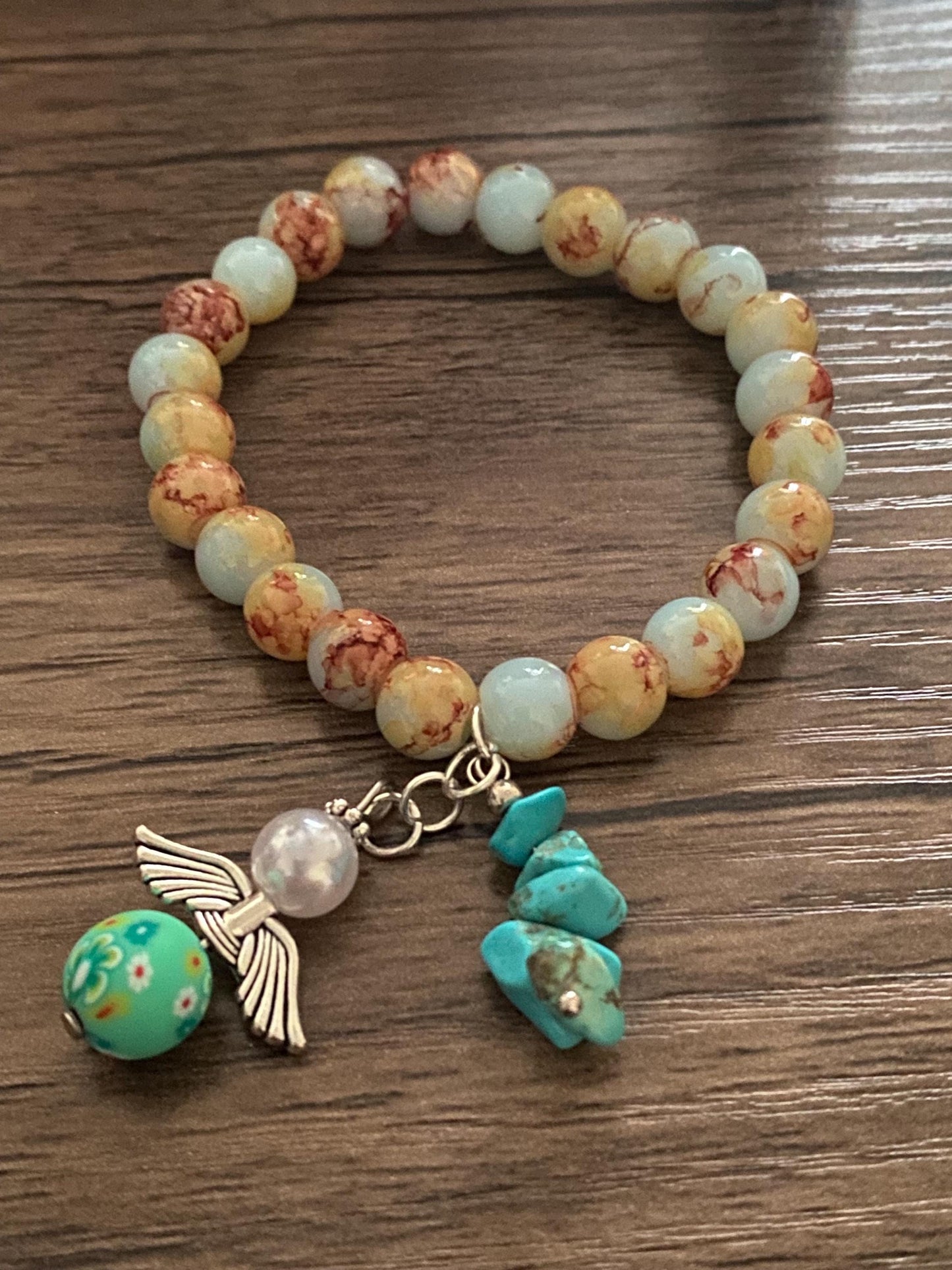 Angel Charm Bracelet with Turquoise Beads – Handmade Beaded Bracelet Gift for Her | Cute Stretch Bracelet with Charm and Flower Bead