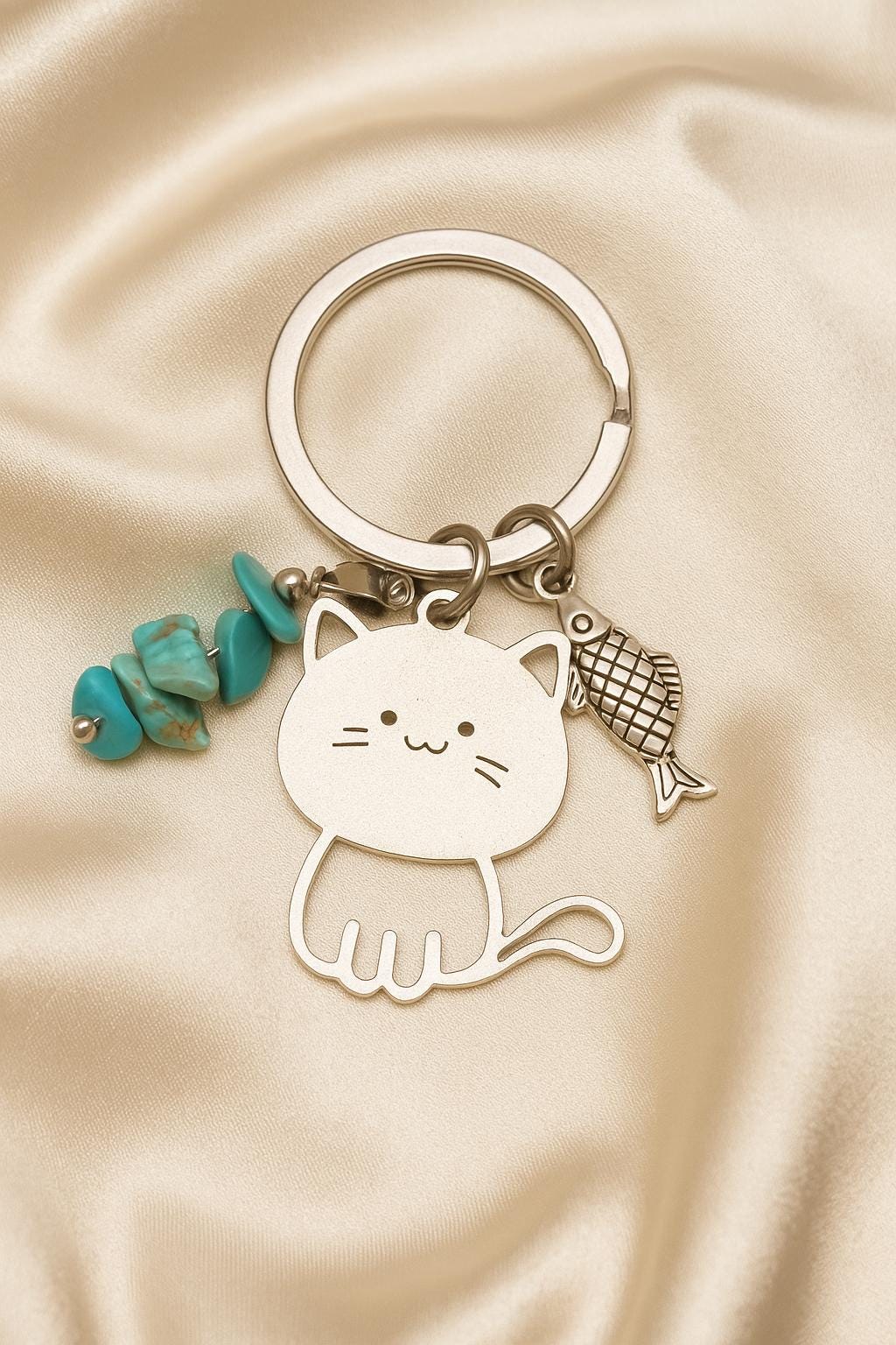 Cute Cat Keychain with Turquoise Beads & Fish Charm | Gift for Cat Lovers | Cute Cat Bag Charm | Handmade Keyring