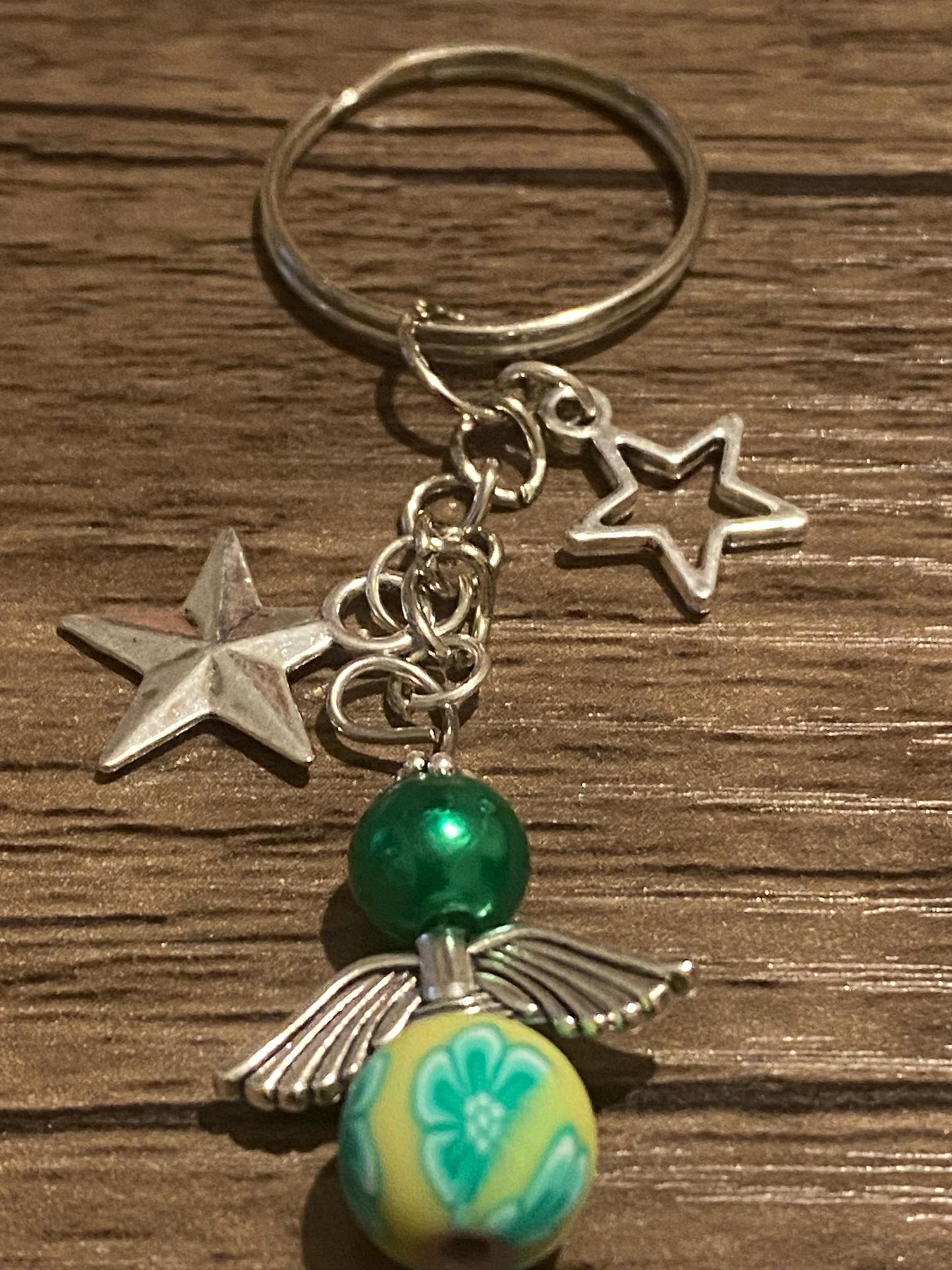 Green Angel Keychain with Silver Stars | Floral Bead Charm | Lucky Guardian Angel Gift | Positive Energy Keyring | Spiritual Boho Gift