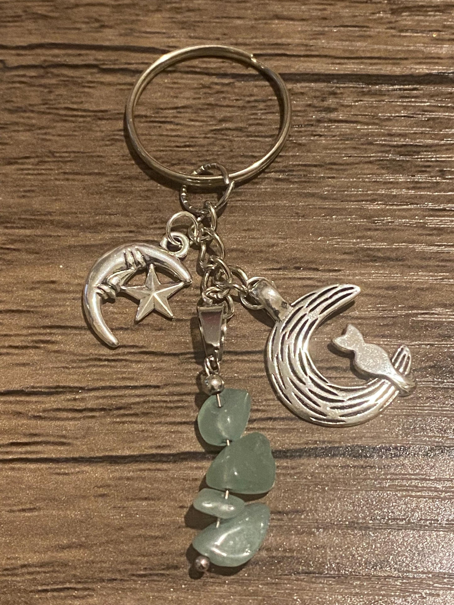 Aqua Moon & Cat Charm Keychain | Silver Crescent Star Design | Healing Crystal Keyring | Celestial Gift for Her | Spiritual Boho Gift