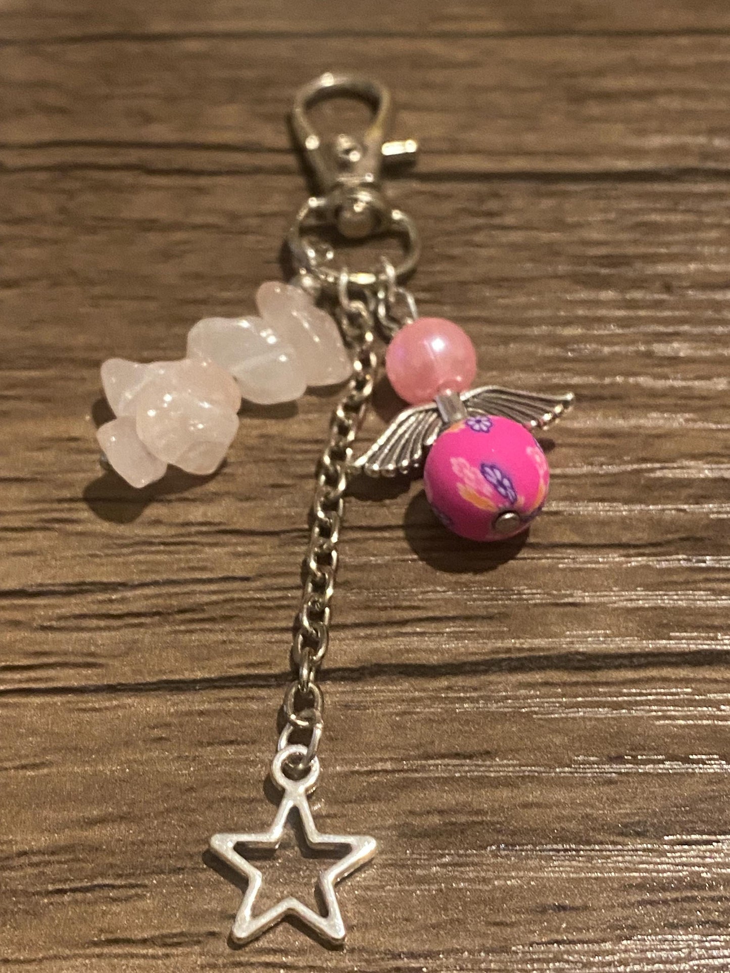 Rose Quartz Angel Keychain | Pink Floral Bead Star Charm | Healing Crystal Gift | Self Love & Protection Keyring | Spiritual Boho Gift