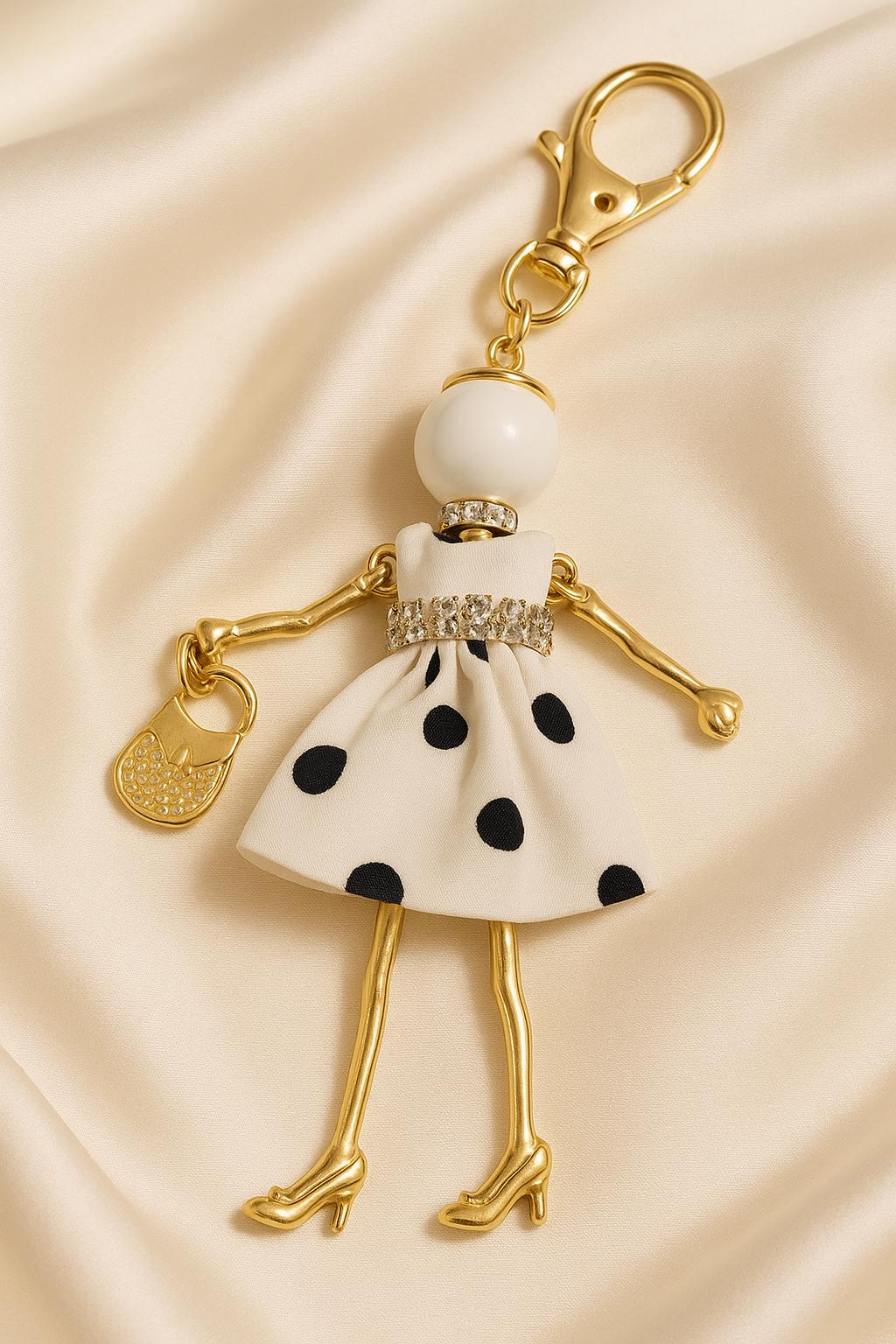 Fashion Doll Keychain – Chic Charm with Gold Details & Polka Dot Dress | Perfect Bag Accessory or Gift for Her, Charm, Jewellery.