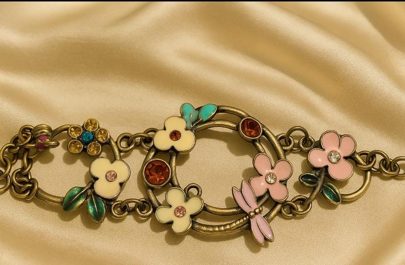 Vintage Floral Charm Bracelet | Enamel Flowers, Ladybug & Dragonfly | Whimsical Boho Jewelry Gift for Her