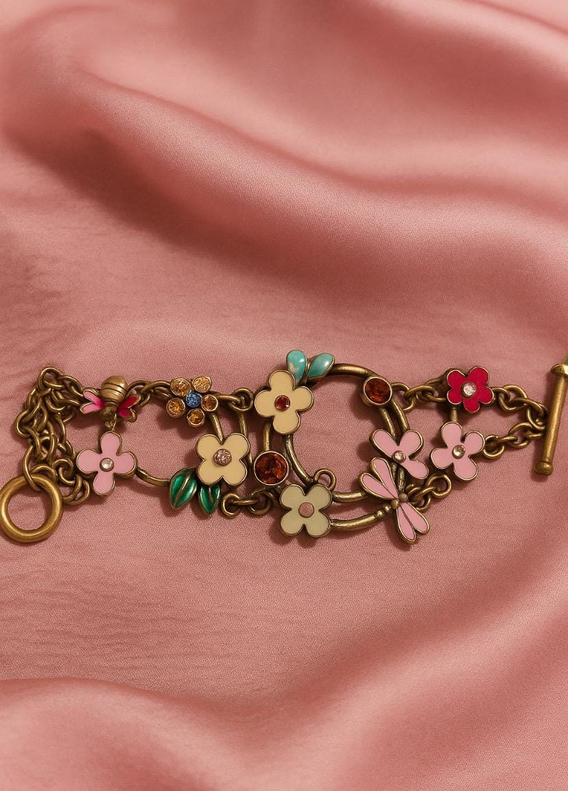 Vintage Floral Charm Bracelet | Enamel Flowers, Ladybug & Dragonfly | Whimsical Boho Jewelry Gift for Her