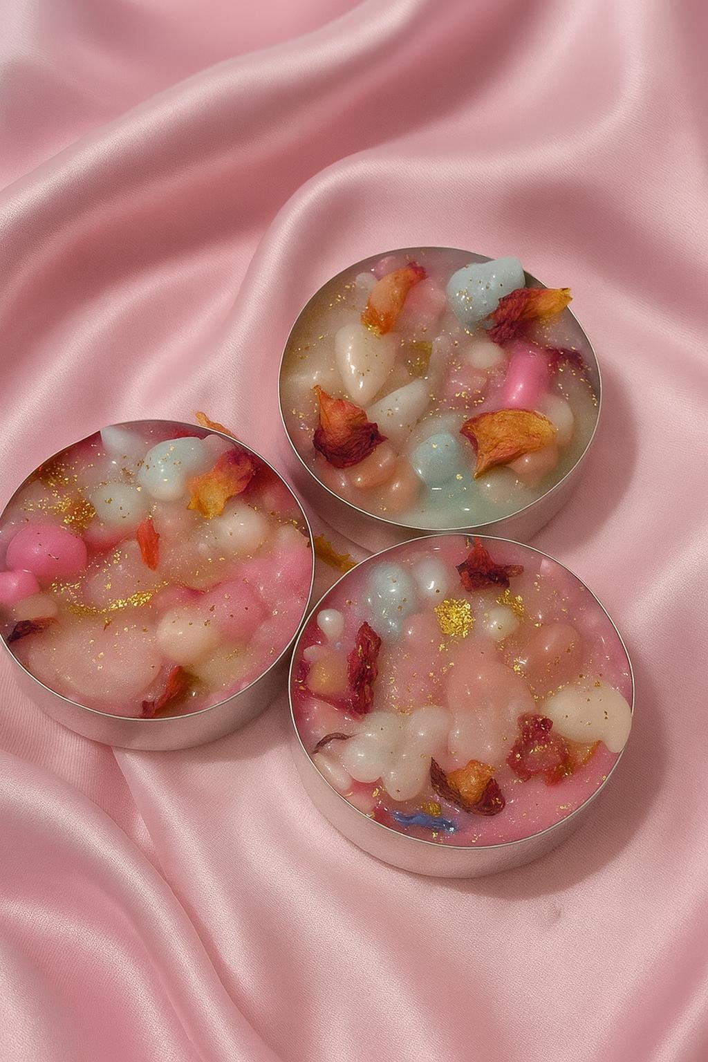 Handmade botanical candles with rose petals and gold sparkle, perfect for gifting, rituals, or cosy home décor.  Various pack sizes.