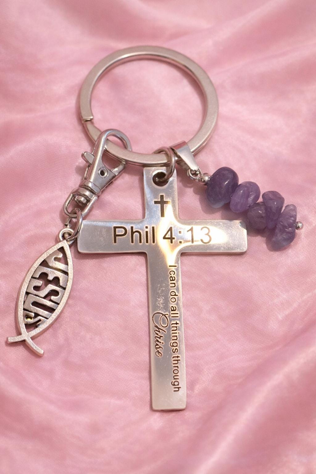 Philippians 4:13 Cross Keyring – Christian Faith Keychain, Jesus Fish Charm, Amethyst Stone, Religious Gift for Him or Her