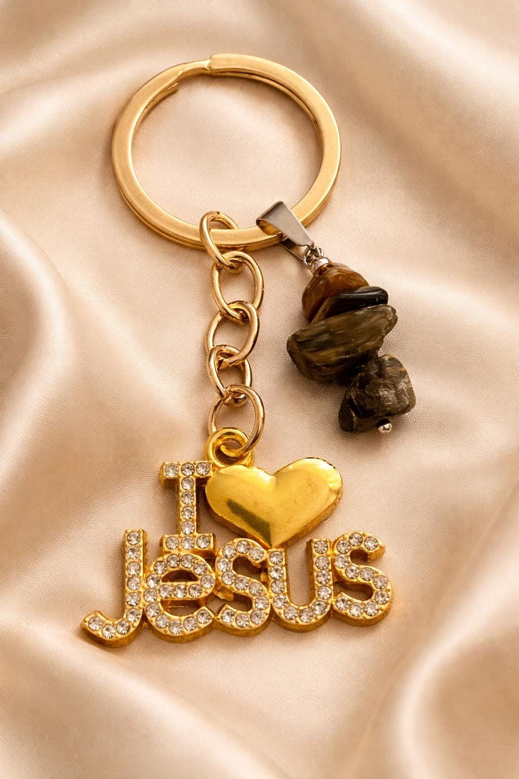 I Love Jesus Keyring with Healing Crystals – Christian Gift, Faith Keychain, Amethyst, Turquoise, Black Onyx, Rose Quartz