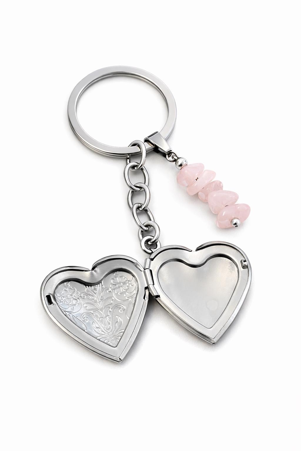 Heart Locket Keyring with Rose Quartz – Photo Locket Keychain, Love Crystal Gift, Memorial Keepsake, Healing Crystal Charm