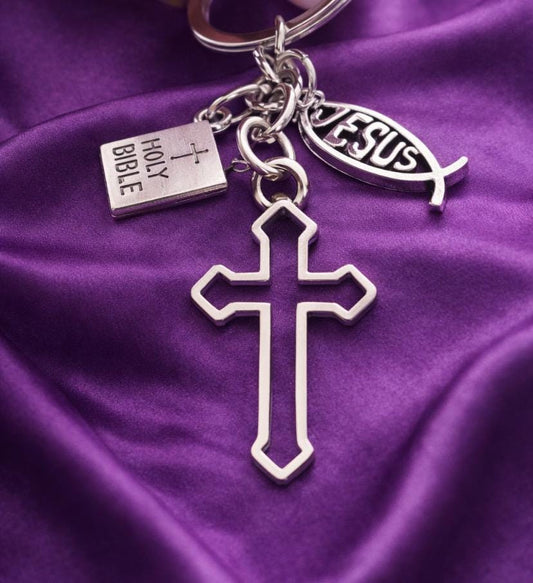 Christian Keyring Gift – Cross, Jesus Fish & Holy Bible Charm – Faith Keychain, Religious Gift, Prayer Keyring