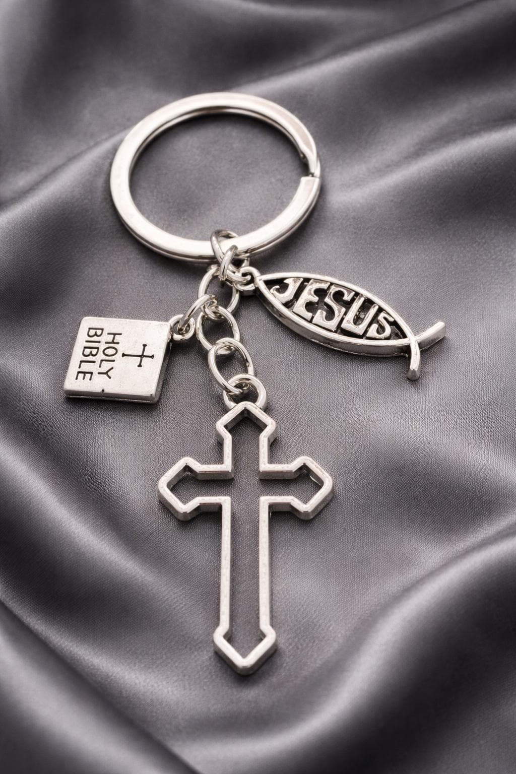 Christian Keyring Gift – Cross, Jesus Fish & Holy Bible Charm – Faith Keychain, Religious Gift, Prayer Keyring