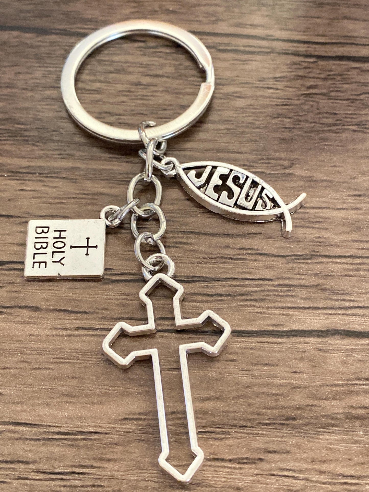 Christian Keyring Gift – Cross, Jesus Fish & Holy Bible Charm – Faith Keychain, Religious Gift, Prayer Keyring