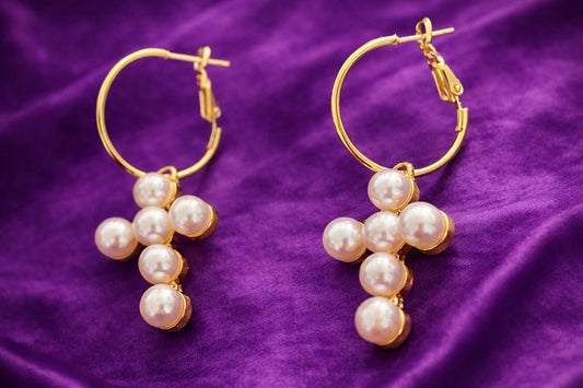Pearl Cross Hoop Earrings – Gold Cross. Earrings, Christian Jewellery, Faith Earrings, Religious Gift for Women.