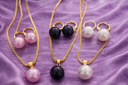 Pink, Black or White Pearl Necklace & Earrings Set – Gold Toned Pearl Jewellery Set, Elegant Pearl Necklace, Gift for Her,