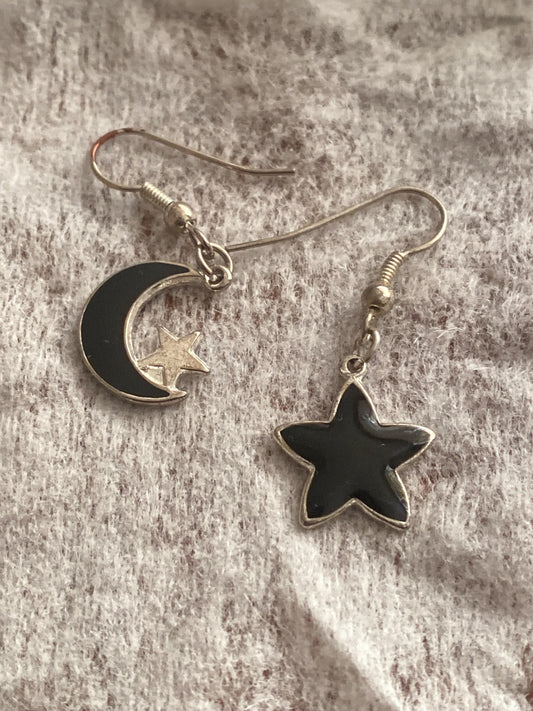 Celestial Moon & Star Mismatched Earrings, Black Enamel Witchy Earrings, Boho Cosmic Jewellery, Gift for Her