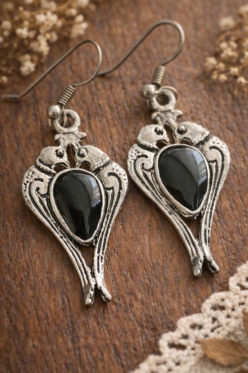 Mystical Antique style Gothic Raven Earrings with Black Stone, Witchy Silver Drop Earrings, Dark Boho Jewellery, Pagan Jewelry Gift for Her