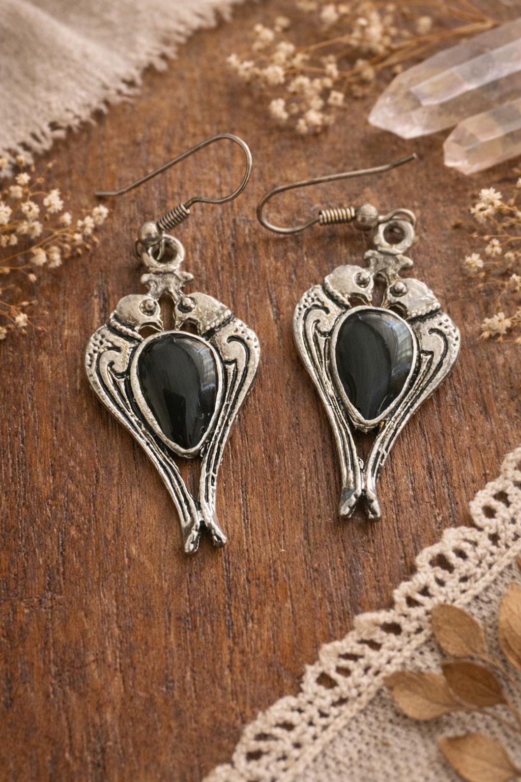 Mystical Antique style Gothic Raven Earrings with Black Stone, Witchy Silver Drop Earrings, Dark Boho Jewellery, Pagan Jewelry Gift for Her