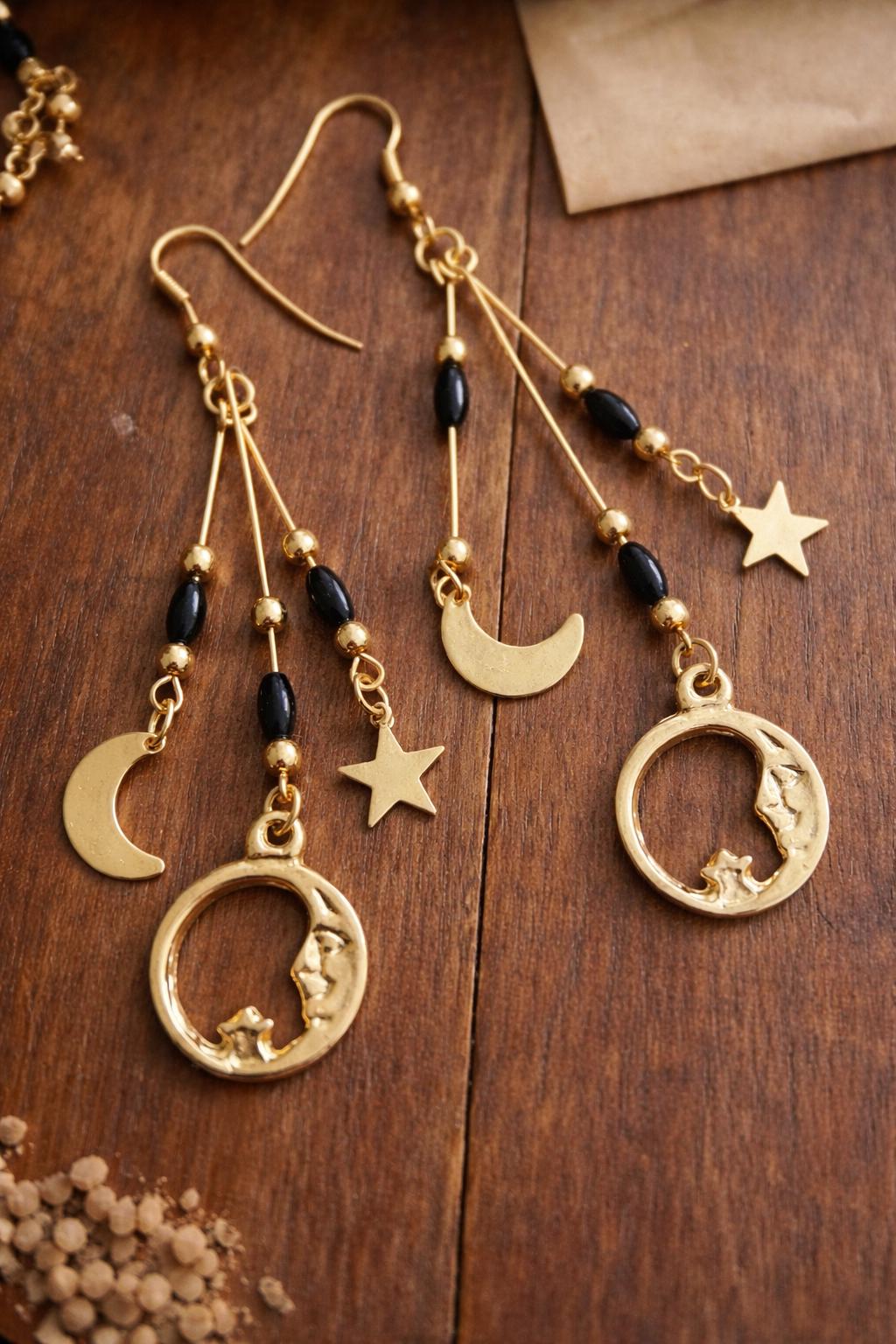 Celestial Moon & Star Dangle Earrings, Gold Cosmic Earrings with Black Beads, Witchy Boho Jewellery, Gift for Her