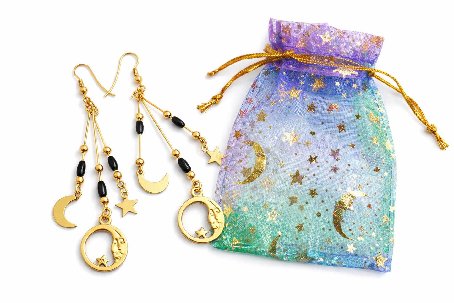 Celestial Moon & Star Dangle Earrings, Gold Cosmic Earrings with Black Beads, Witchy Boho Jewellery, Gift for Her