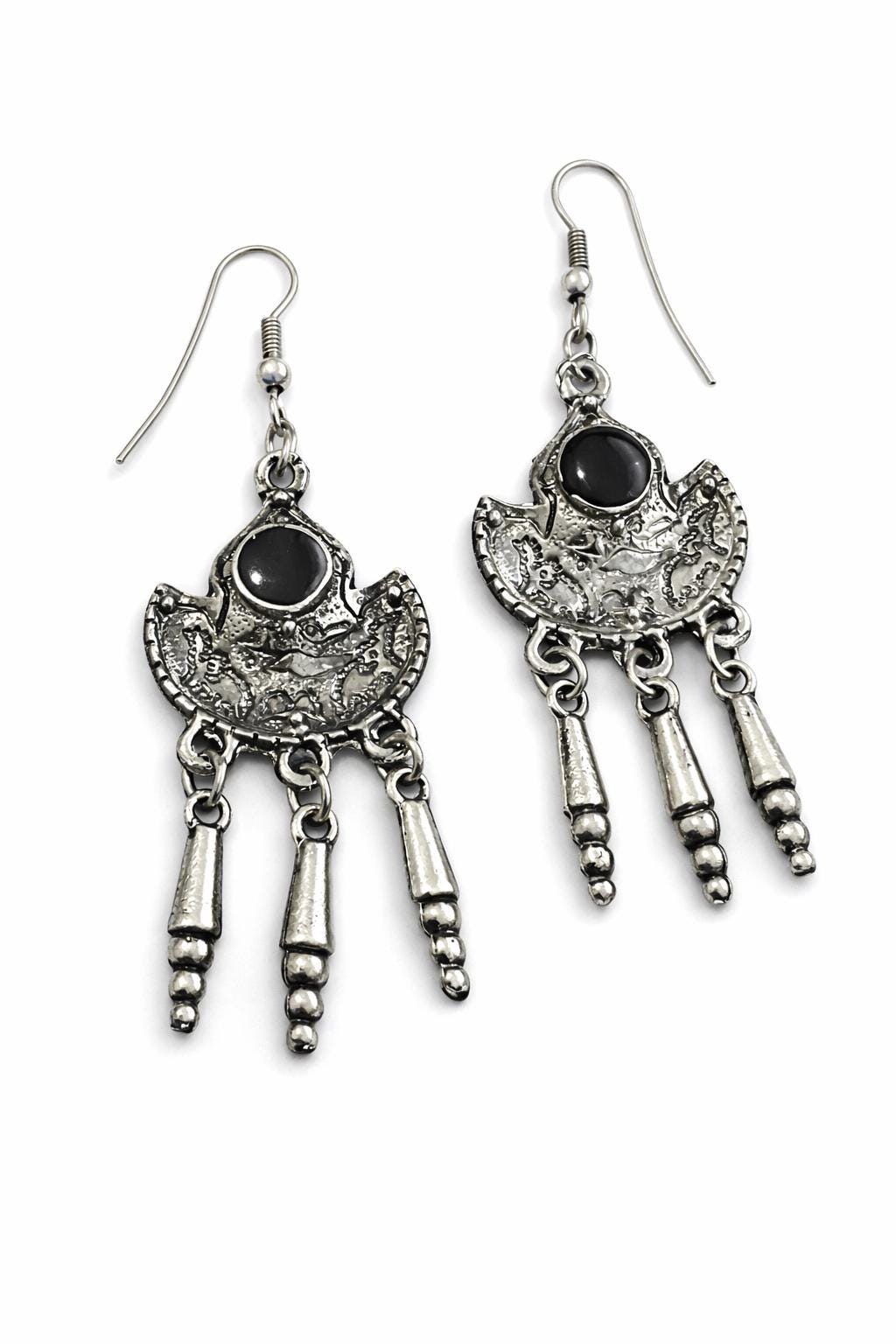 Bohemian Silver Dangle Earrings with Black Stone, Gothic Crescent Earrings, Witchy Jewellery Gift for Her, Comes Gift Bag